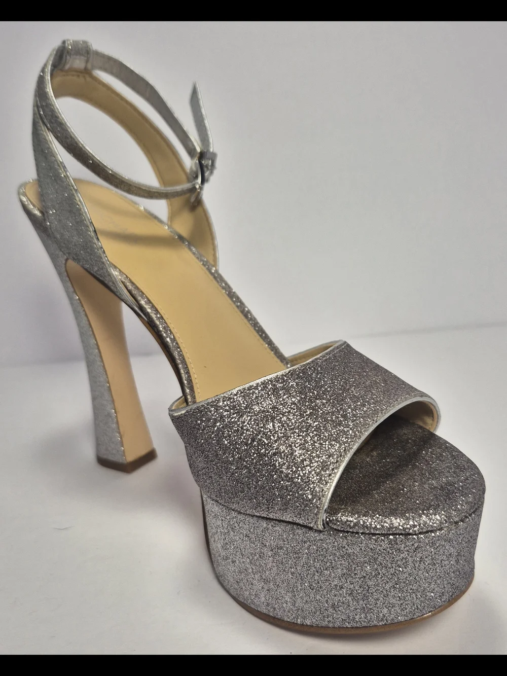 Michael Kors Silver Glitter Chunky Platform Sandals Ankle Strap Buckle Closure